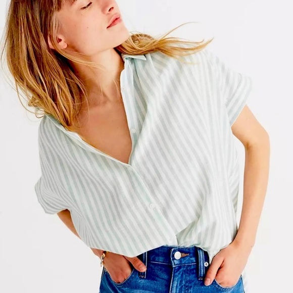 Madewell Tops - Madewell Central Shirt in Mint Stripe Women’s SZ Medium in Mint Stripe Sea Haze